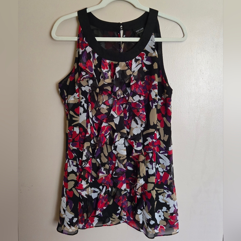 Women's Nicole Floral Sleeveless Ruffle Top Size L
